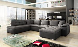 U formos sofa-lova TONY BIS su patalynės dėže-ekoskóra Soft 020 (grafitas) + Majorka 03-dešinė